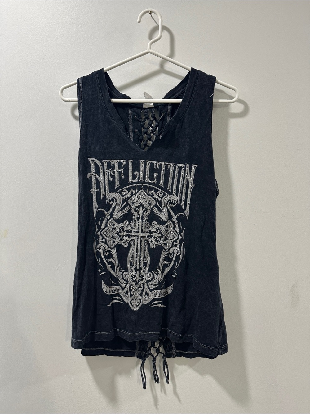 Affliction Black Graphic Lace-Up Cross Tank